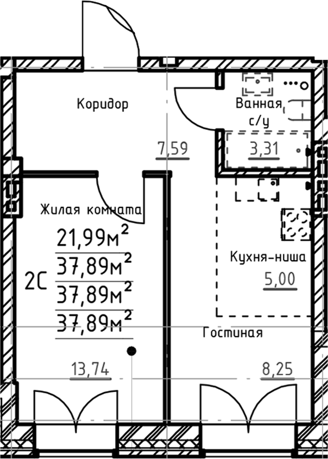 Планировка 1-к.кв, 37,2 м² в ЖК Твоя привилегия